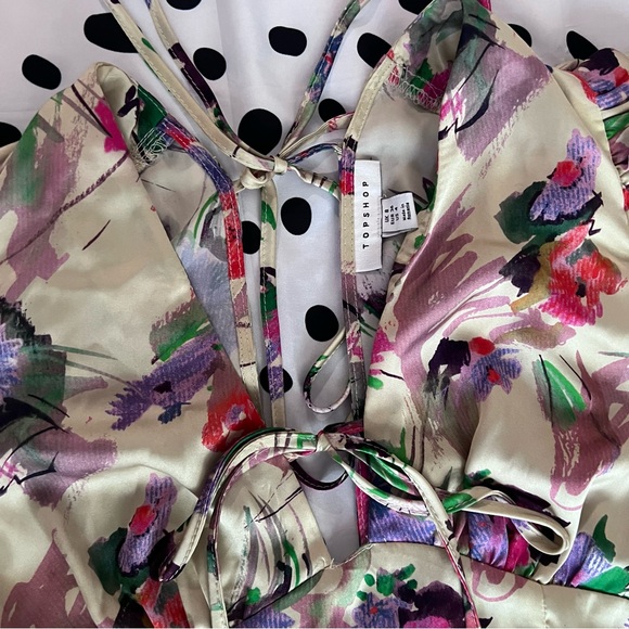 Topshop Floral Print Puff Sleeve Tie Front Satin Mini Dress - Picture 4 of 7
